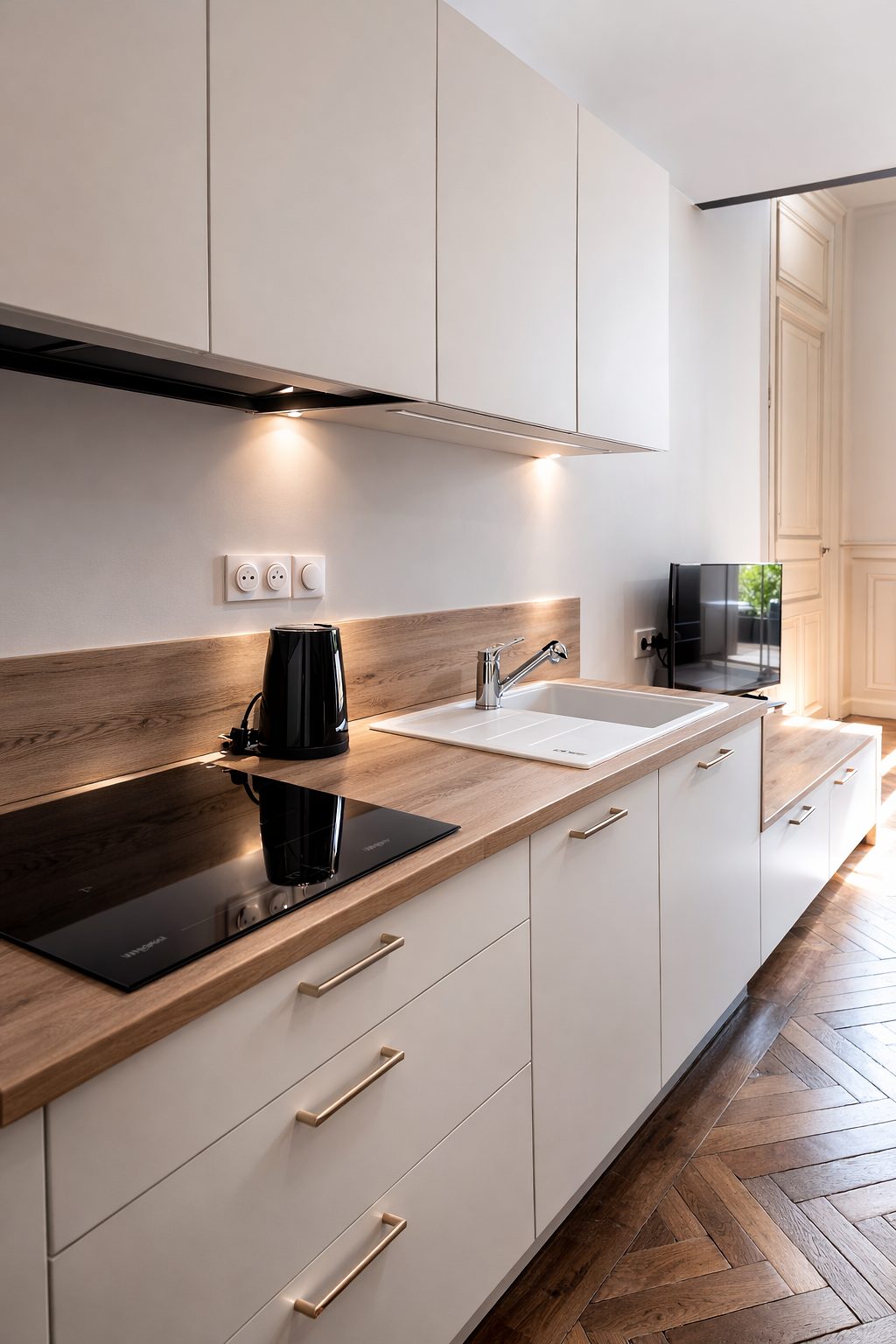Cuisine blanche et bois avec éclairage doux